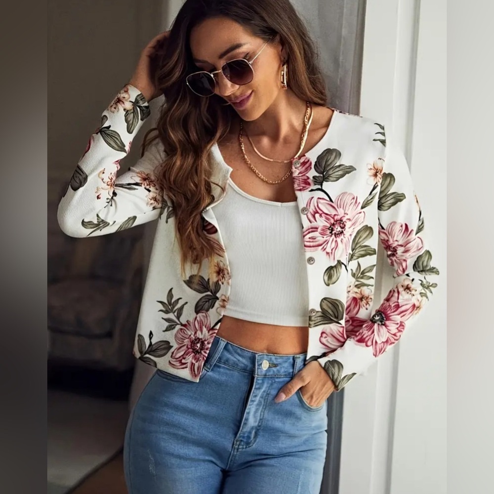 Stylish Floral Print Open Front Long Sleeve Jacket - Women's Elegant